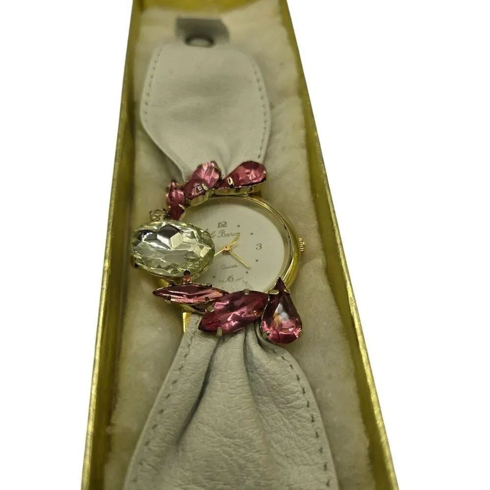 Vintage 80s Le Baron Watch Bracelet White Leather Crystal Pink Glam